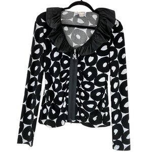 Joseph Ribkoff Zip Up Blouse Ruffle Collar Abstract Artsy Black White Sz 8